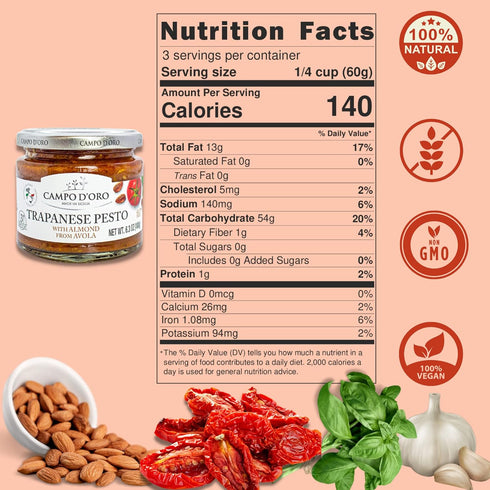 Trapanese Pesto Sauce, made with Tomato Sauce, Basil & Almonds. Italian Specialties. 6.3oz (180g). 100% made in Italy. By Campo D'Oro...
