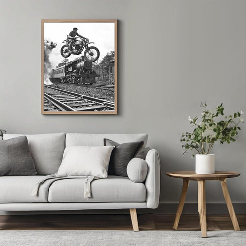 Posterizer 1 pcs-black and white photo-motorcycle on train track 3-Photography Art-Retro Art-Decor for Home & Office- unframed wall art...