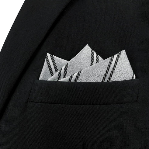 S&W SHLAX&WING Striped Mens Pocket Square Grey with Silver Black Stripes for Suit Jacket...