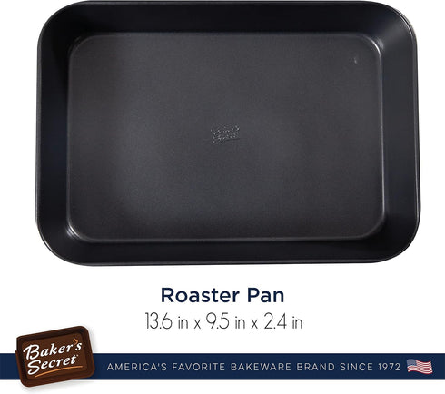 Baker's Secret Nonstick Roaster Pan 15" x 9" Curved Corners, 0.9mmm Thick Carbon Steel Oven Roasting Pan 2 Layers Food-Grade Coating, Non-stick Pa...