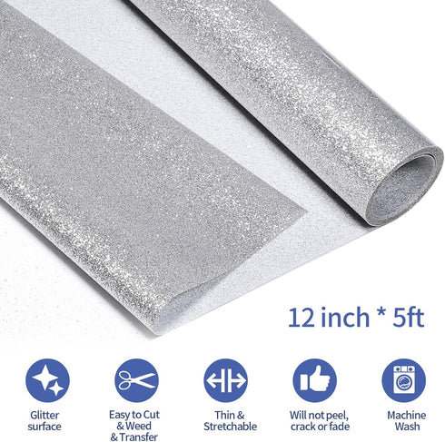 VINYL FROG Glitter HTV Vinyl Heat Transfer Vinyl Roll 12" x 5ft Silver Iron on Vinyl Glitter Heat Press Vinyl for T-Shirts Works with All Cutter M...