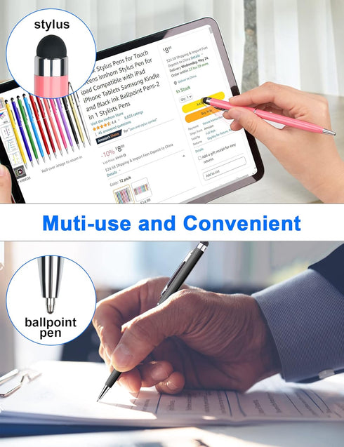 12 Pack Stylus Pens for Touch Screens innhom Stylus Pen for ipad Compatible with iPad iPhone Tablets Samsung Kindle and Black Ink Ballpoint Pens-2...