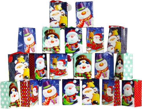 Iconikal 20-Pack Christmas Gift Bags, Small 4x6x2.5-Inch, Snowman Santa Reindeer, Ribbon Handles...