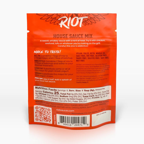 RIOT House Sauce Mix, Sweet and Smokey Dipping BBQ, Restaurant flavor chicken sauce, Salt-free, Sweetened with Agave, Gluten Free, Vegan, Soy-free...