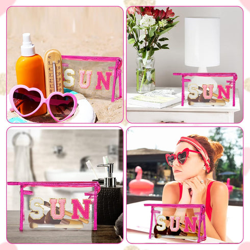 Y1tvei Preppy Patch SUN Varsity Letter Cosmetic Toiletry Bag Transparent PVC Zipper Makeup Bag Clutch Purse Portable Waterproof Travel Organizer C...