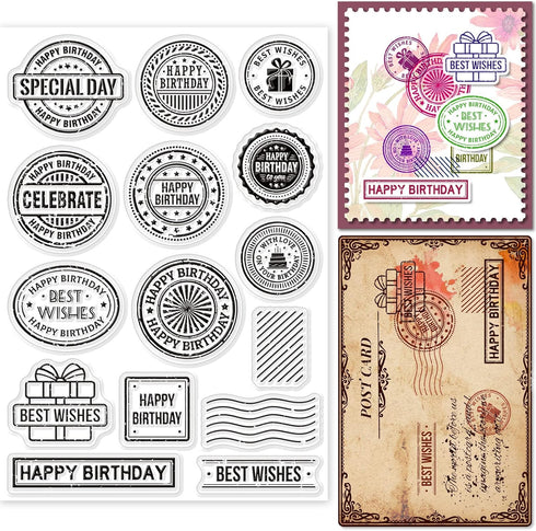 GLOBLELAND Birthday Theme Postmark Clear Stamps for DIY Scrapbooking Label Retro Background Silicone Stamp Seals Journals Decorative Cards Making ...
