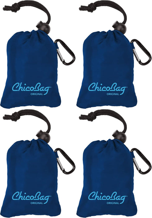 ChicoBag Original Compact Reusable Grocery Bag with Attached Pouch and Carabiner Clip- 4 Pack Blue...