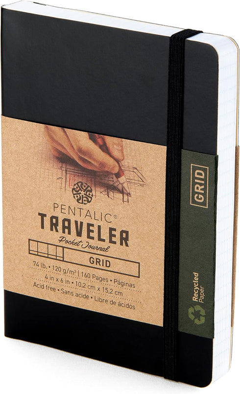 Pentalic 4" x 6" Pocket Grid Traveler Journal, 160 Pages, Black...