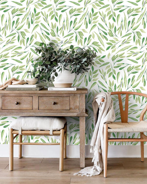HAOKHOME 93199-2 Boho Peel and Stick Wallpaper Green Branches Leaves Removable Vinyl Self Adhesive Contact Paper 17.7in x 9.8ft...