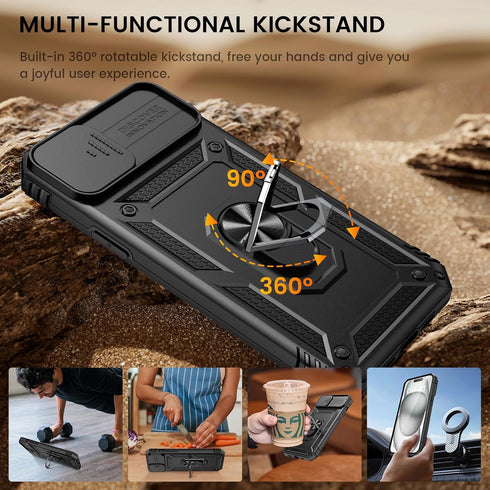Goton for iPhone 15 Case with Screen Protector - Slide Camera Cover Protective Phone Case with Ring Stand, Heavy Duty Shockproof Rugged Bumper for...