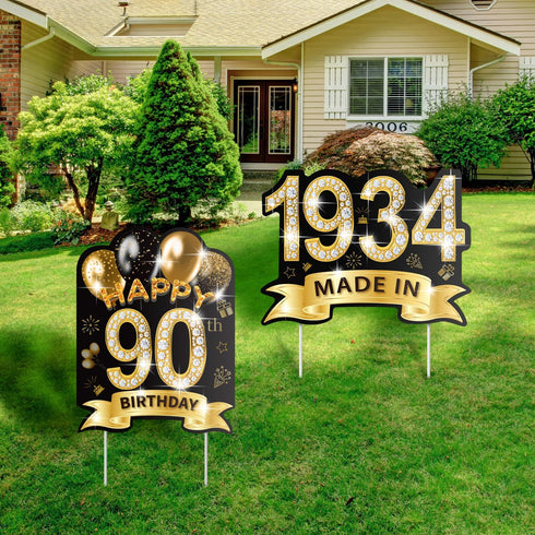 2Pcs 90th Birthday Yard Sign Decorations with Stakes, Large Size 16'' Black Gold Happy 90th Birthday Made in 1934 Waterproof Outdoor Lawn Signs De...