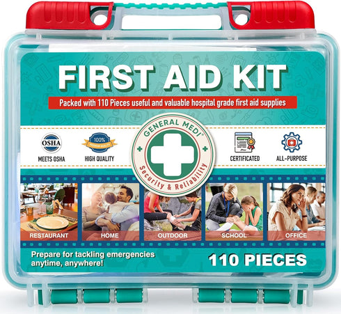 General Medi 110 Pieces Small First Aid Kit - HardCase First Aid Box - Contains Premium Medical Supplies for Travel, Home, Office, Vehicle, Campin...