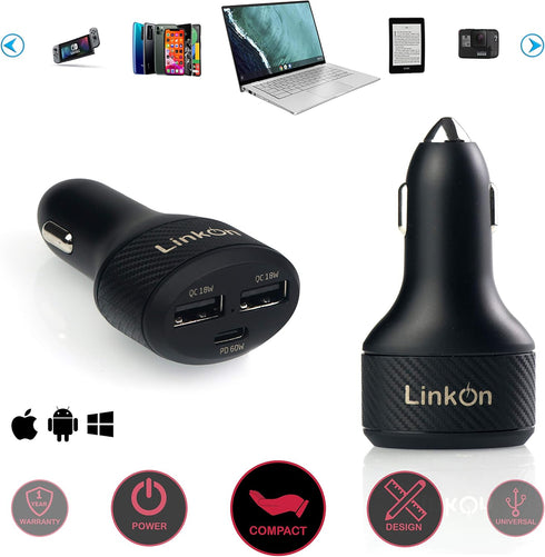 LinkOn 84W USB C Car Charger with 60W PD3.0 and 18W QC3.0 Ports Compatible with MacBook Dell XPS Google Chromebook Acer ASUS Xiaomi Huawei FCP SCP...