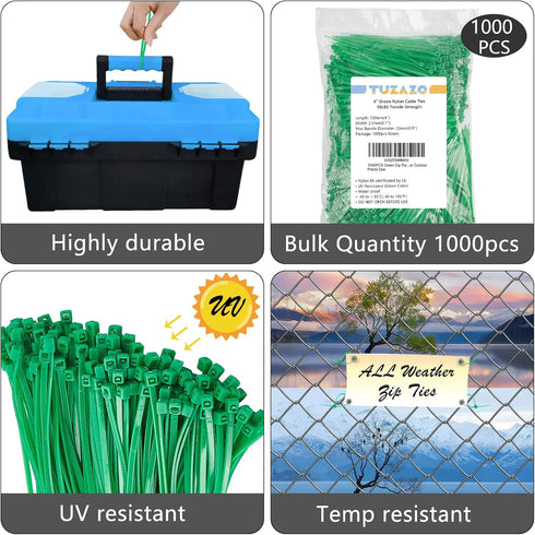 TUZAZO 1000PCS Green Zip Ties for Plants 4 Inches, Heavy Duty 18 Lbs Strong Nylon Wire Ties UV Resistant Plastic Cable Ties for Plants Decor Indoo...