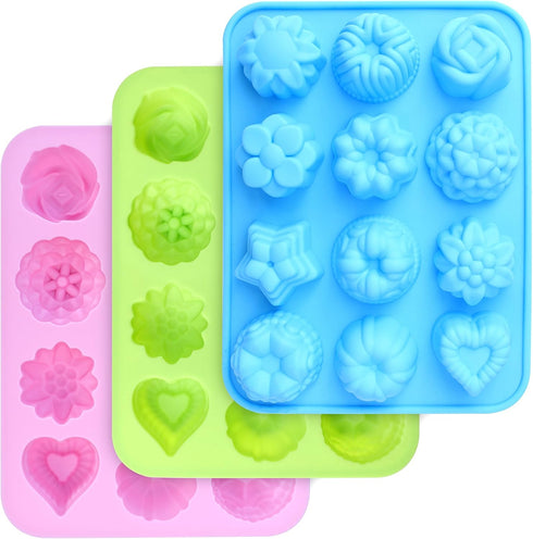 homEdge Food Grade Silicone Flowers Molds, Baking Pan with Flowers and Heart Shape Non-Stick 3-Pack Silicone Molds for Chocolate, Candy, Jelly, Ic...