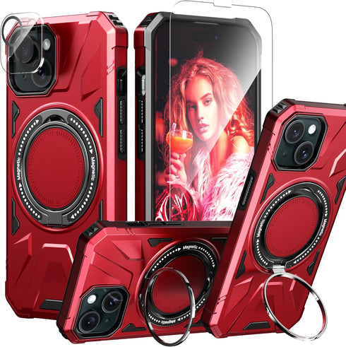 for iPhone 15 Plus Case with Screen Protector+360°Ring Holder Stand+Camera Lens Protector,Compatible with MagSafe,Dual Layer Protective Sturdy Mag...