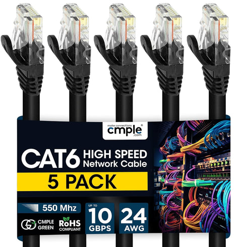 Cmple - 5 Pack Cat6 Ethernet Cable 1.5 ft, High Speed Cat6 Internet Network Cord, Ethernet Patch Cables, Computer LAN Wire with Snagless RJ45 Conn...
