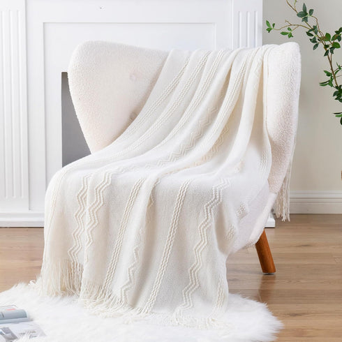 BATTILO HOME Cream Throw Blanket for Couch, Bedroom Decor Boho Throw Blanket, Decorative White Blanket Throw for Sofa Living Room, 50"x60"...