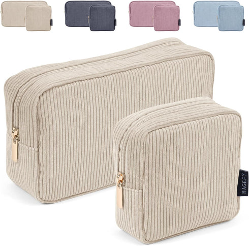 MAGEFY Makeup Bag for Purse, 2 Pcs Corduroy Cosmetic Bag for Girls Women Small Travel Makeup Pouch with Zipper(Beige)...