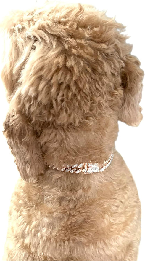 Elegant Sturdy 16 in Collar Cuban Link with Secure Buckle Pet Metal Rose Gold diamond Chain Dog Collar for Medium Large Dogs...