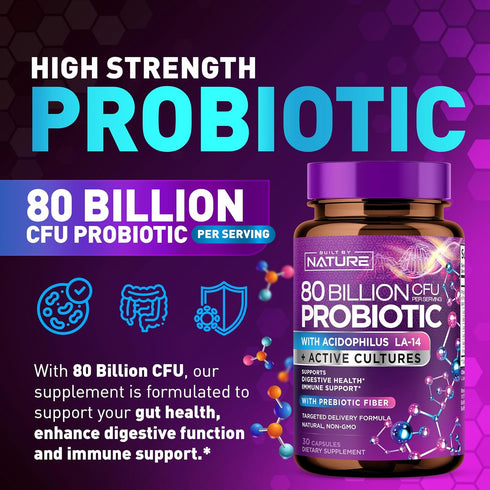 80 Billion CFU Probiotic - Daily Digestive Gut Health Supplement for Men & Women - Lactobacillus acidophilus, Bifidobacterium & Prebiotics - Non-G...