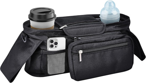 Enovoe Stroller Organizer - 12.9"x 6.3"x 3.9" Textile Stroller Storage Bag - Stroller Caddy Organizer with Insulated Cup Holders and Detachable Po...