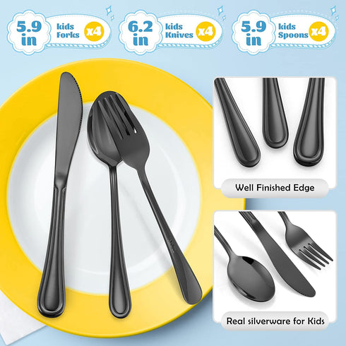 12-Piece Black Kids Silverware, E-far Stainless Steel Toddler Kids Utensils Safe for Preschooler/Children, Includes 4 Forks 4 Spoons 4 Knife, Slim...
