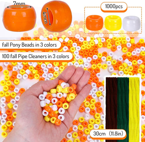 Whaline 1000Pcs Fall Pony Beads with 100Pcs Chenille Stems Pipe Cleaners 3 Colors Autumn Craft Beads Plastic Beads for DIY Craft Necklace Bracelet...