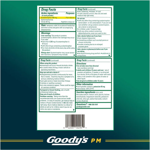 Goody's PM Nighttime Powder, Acetaminophen 500mg, Dissolve Packs for Pain with Sleeplessness, 6 Individual Packets, 12 Pack...