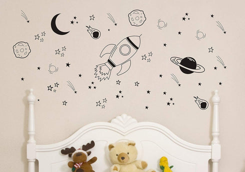 A37 Black Space Themed Room Decor - Rocket & Ship Wall Decals for Baby Boys Nursery...