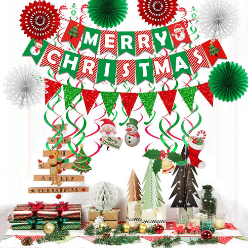 Fecedy Merry Christmas Hanging Paper Banner Triangle Bunting Paper Flower Fan Swirl Streamers&Christmas Tree Santa Claus Banner for Merry Christma...