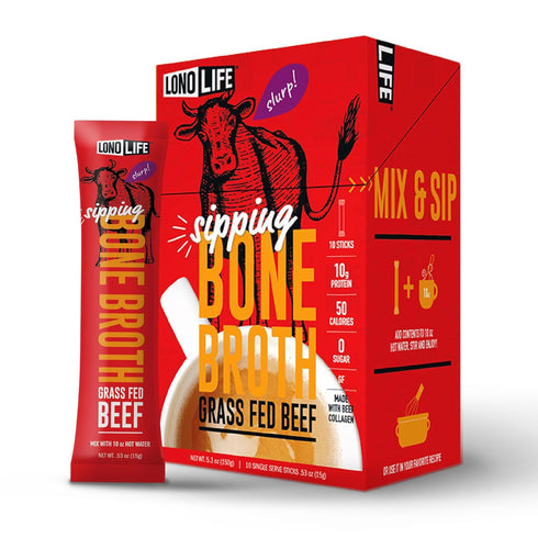 LonoLife Beef Bone Broth Powder Mix | Grass-Fed, 10g Protein | Collagen-Rich, Keto & Paleo Friendly | Natural Ingredients | 10 Portable Stick Pack...