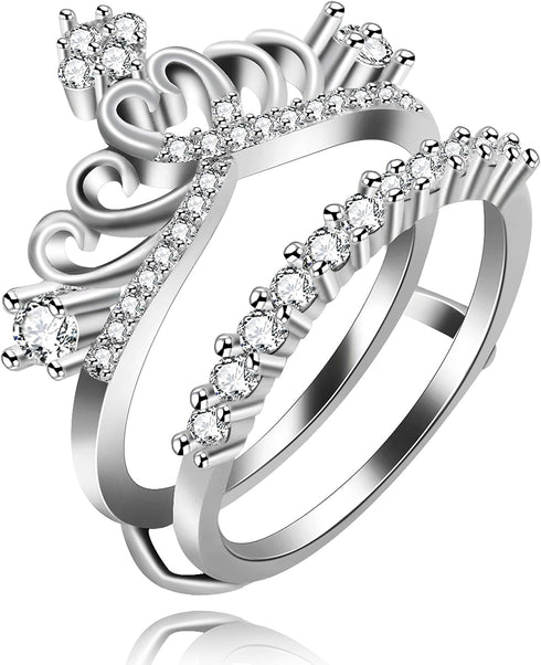Uloveido Women's Platinum Plated Cubic Zironica Princess Crown Wedding Engagement Rings Guard Wraps and Enhancers Y480...