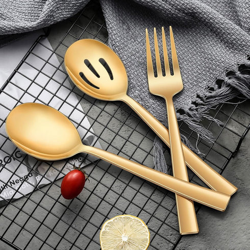 LIANYU 2 Gold Serving Spoons, 2 Gold Slotted Serving Spoons, 2 Gold Serving Forks, 8.6 Inch Stainless Steel Metal Serving Spoons Forks for Buffet ...