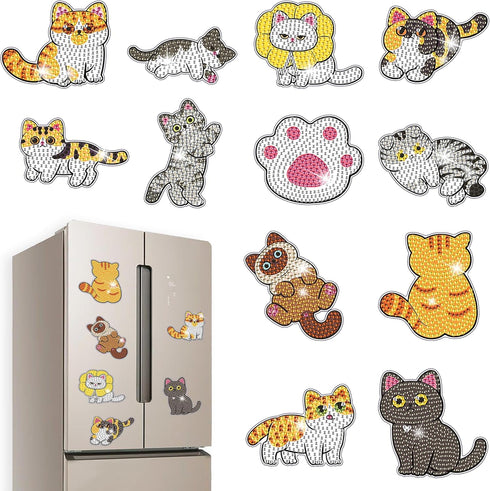 Vcekract 12 PCS Diamond Painting Refrigerator Magnets, Cat Diamond Painting Kits for Adults, Diamond Art Kits for Home Decor, Small Diamond Art Cr...