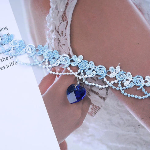 Boho Lace Choker Necklace Short Sapphire Heart Pendant Necklace Blue Heart Crystal Necklace Vintage Lace Flower Necklace Jewelry for Women...