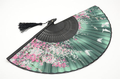 OMyTea® Women Hand Held Silk Folding Fan with Bamboo Frame - with a Fabric Sleeve for Protection for Gifts - Sakura Cherry Blossom Pattern (WZS-2)...
