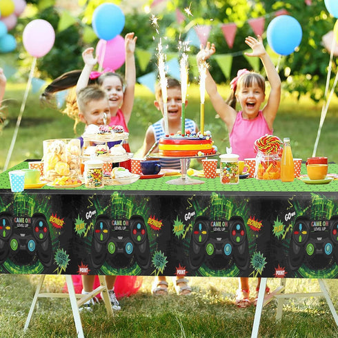 Domgoge Video Game Plastic Table Cloth for Parties Disposable Green Tablecloth Waterproof Game Theme Table Cover 54 x 108Inch Birthday Gaming Part...