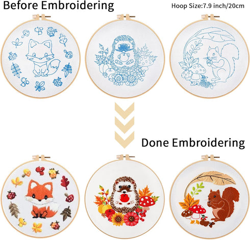 Louise Maelys 3 Set Animal Embroidery Kits for Beginners with Autumn Squirrel Hedgehog Fox Pattern,Adults Starter Cross Stitch Kit DIY Needlepoint...