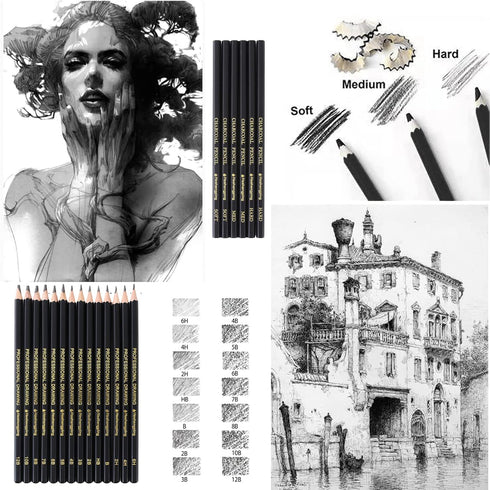 31 Drawing Sketching Pencils Kit, Portable Artist Supples Travel Case Set has Graphite, Charcoal, white color pencil, Blending Stump, gift for Adu...