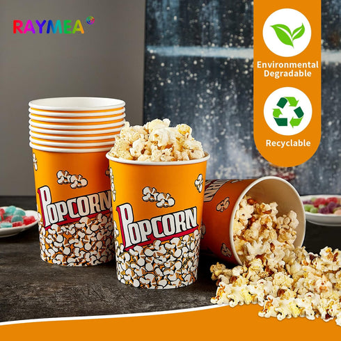 RAYMEA Popcorn Buckets Disposable 32oz Retro Style Paper Leak Proof Popcorn Containers Popcorn Bowls for Family Movie Night & Party - 10 Pac...