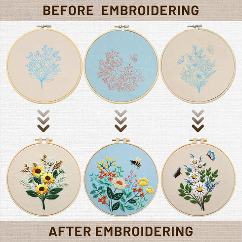 XM-GENYUE 3 Sets Embroidery Starter Kit with Pattern and Instructions, Cross Stitch Kit Include Embroidery Clothes with Floral Bouquet Pattern Col...