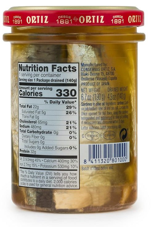 Ortiz Sardines A la Antiqua 'Old Style', Moist and Tender, Wild Caught in Spain and Hand-Packed in Premium Extra Virgin Olive Oil, Enjoy in Salads...