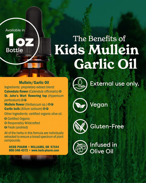 Herb Pharm Kids Mullein and Garlic Oil, Calendula, Garlic, Mullein, St. John's Wort, Olive Oil, 1 Fl Oz (Pack of 1)...