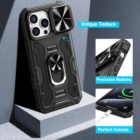 VEGO Armor Case for iPhone 15 Pro Max 5G 2023, Slide Camera Cover & Belt Clip Holster & Magnetic 360°Ring Kickstand Military Grade Heavy Duty Prot...