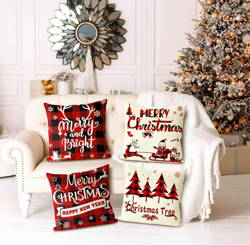 Christmas Pillow Covers 18x18 Set of 4 - Red Black Buffalo Check Plaid Decor - Indoor Outdoor Xmas Throw Pillow Cases for Sofa Couch...