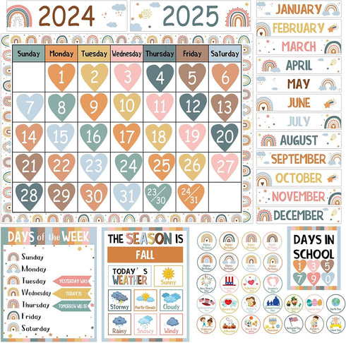 Boho Rainbow Classroom Calendar Set Bulletin Board Sets for Teachers Boho Classroom Calendar Decorations with Seasons Festival Weather Days of the...