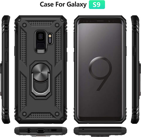 Androgate for Samsung Galaxy S9 Case with HD Screen Protectors, Military-Grade Metal Ring Holder Kickstand 15ft Drop Tested Shockproof Cover Case ...