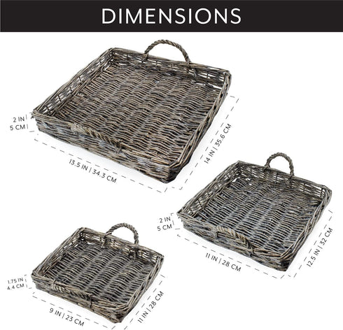 AuldHome Design Rustic Willow Basket Trays, Set of 3 (Square, Gray Washed); Natural Wicker Decorative Farmhouse Trays...