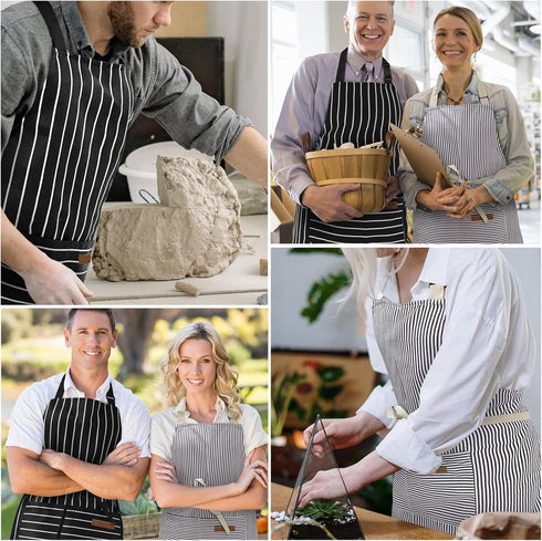 2 Pack Aprons for Women with Pockets, Soft Chef Apron for Men, Adjustable Bib Aprons for Kitchen Cooking BBQ (Black/Brown Stripes)...